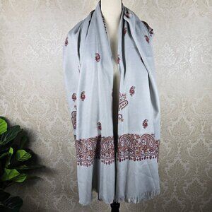 Oswal Shawl 100% Pure New Wool Light Gray Red Orange Paisley Pattern Fringe NWT